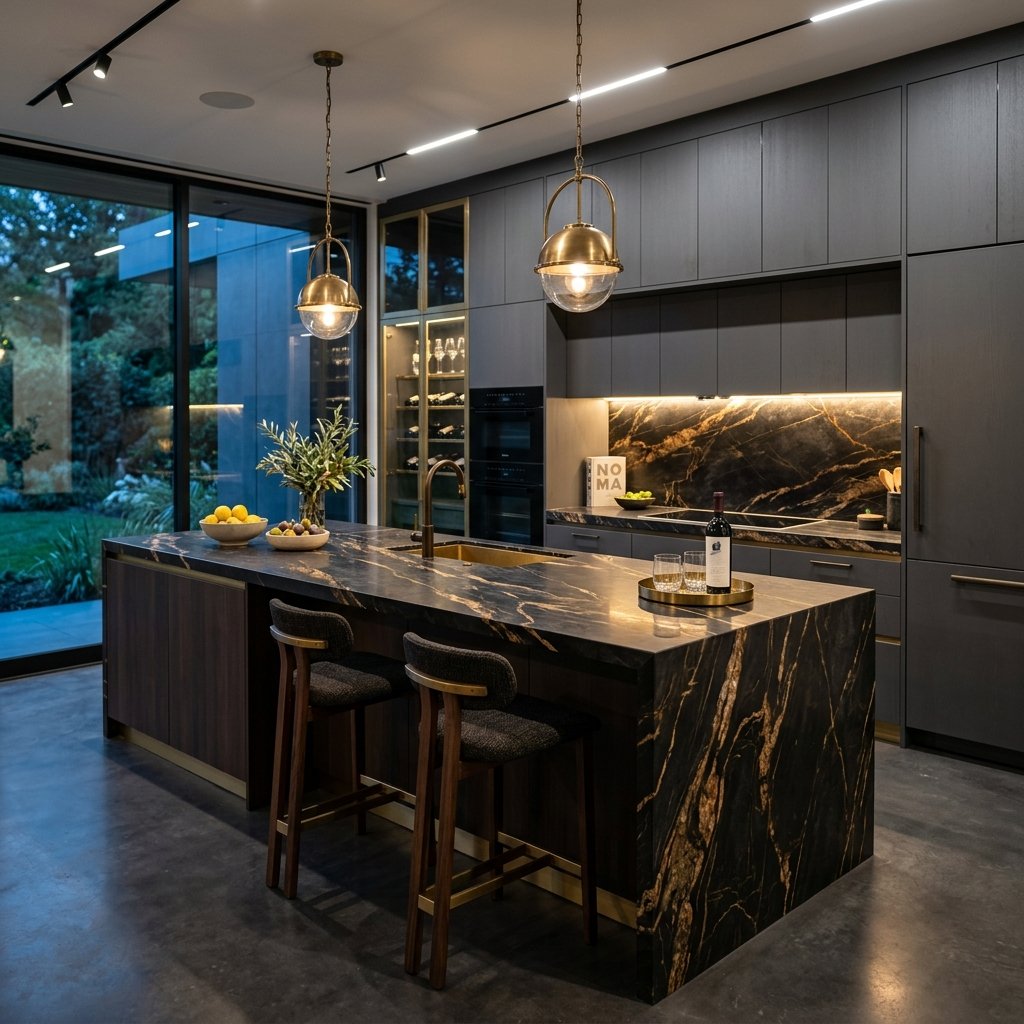 Dark marble luxury kitchen designed by Savan Studio